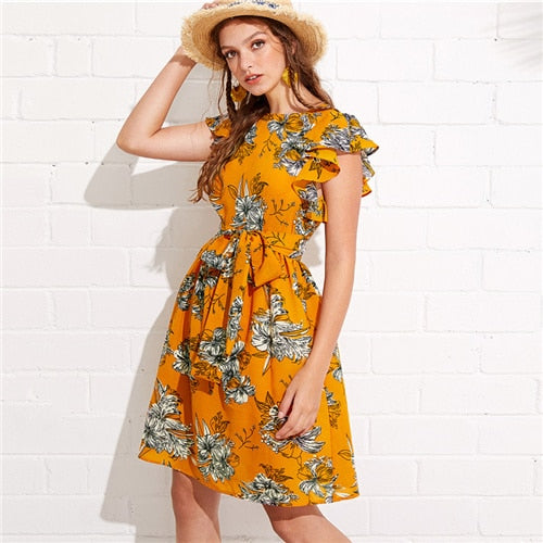 Floral Print Ruffles Sleeve Dress With Belt
