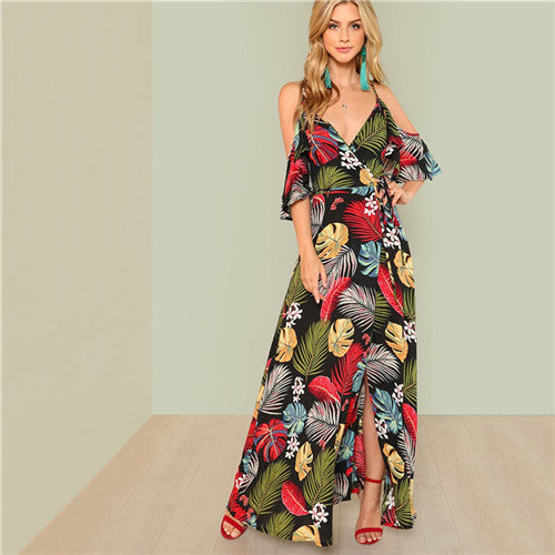 Floral Print Ruffle Open Shoulder Cami Long Dress