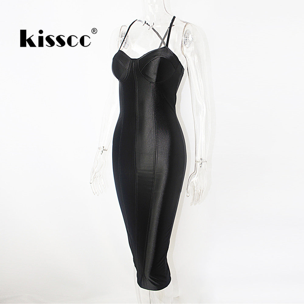 Spaghetti Strap Back Split Bodycon Midi Dress
