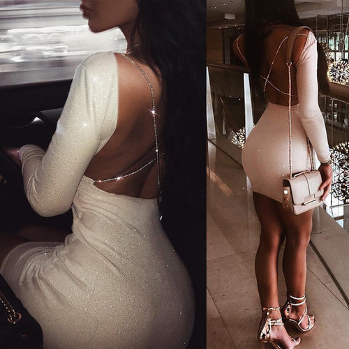 Sexy Backless Long Sleeve Bodycon Mini Sequin Dress