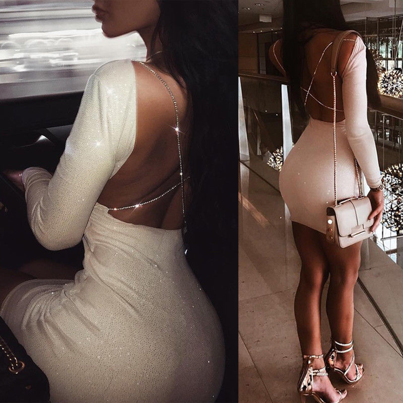 Sexy Backless Long Sleeve Bodycon Mini Sequin Dress