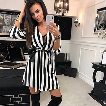 Black And White Striped V Neck Dress