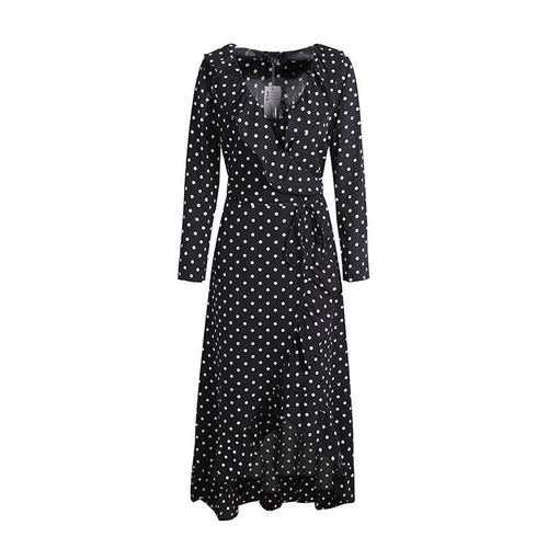 Polka Dot Deep V Neck Long Sleeve Ruffle Wrap Dress