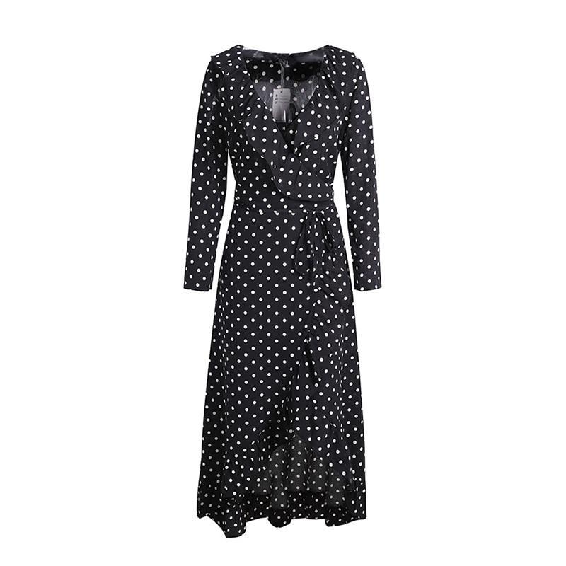 Polka Dot Deep V Neck Long Sleeve Ruffle Wrap Dress