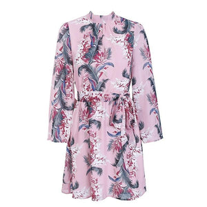 Floral Print Long Sleeve Blackless Chiffon Mini Dress