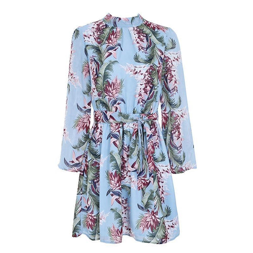 Floral Print Long Sleeve Blackless Chiffon Mini Dress