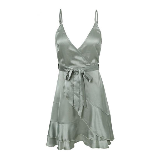 Deep V Neck Backless With Low Ruffle Mini Dress