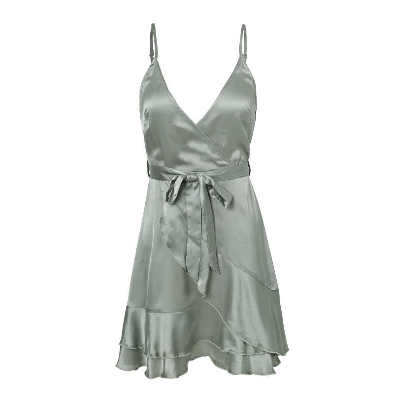 Deep V Neck Backless With Low Ruffle Mini Dress