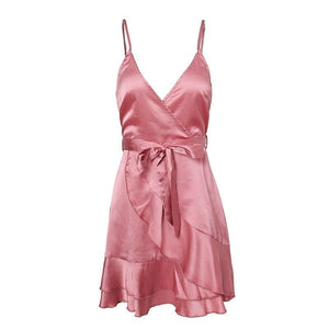 Deep V Neck Backless With Low Ruffle Mini Dress