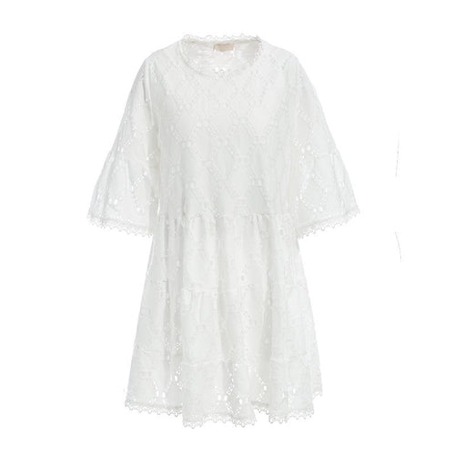 Flare sleeve O Neck White Straight Lace Dress