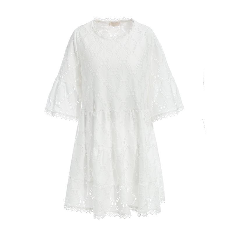Flare sleeve O Neck White Straight Lace Dress