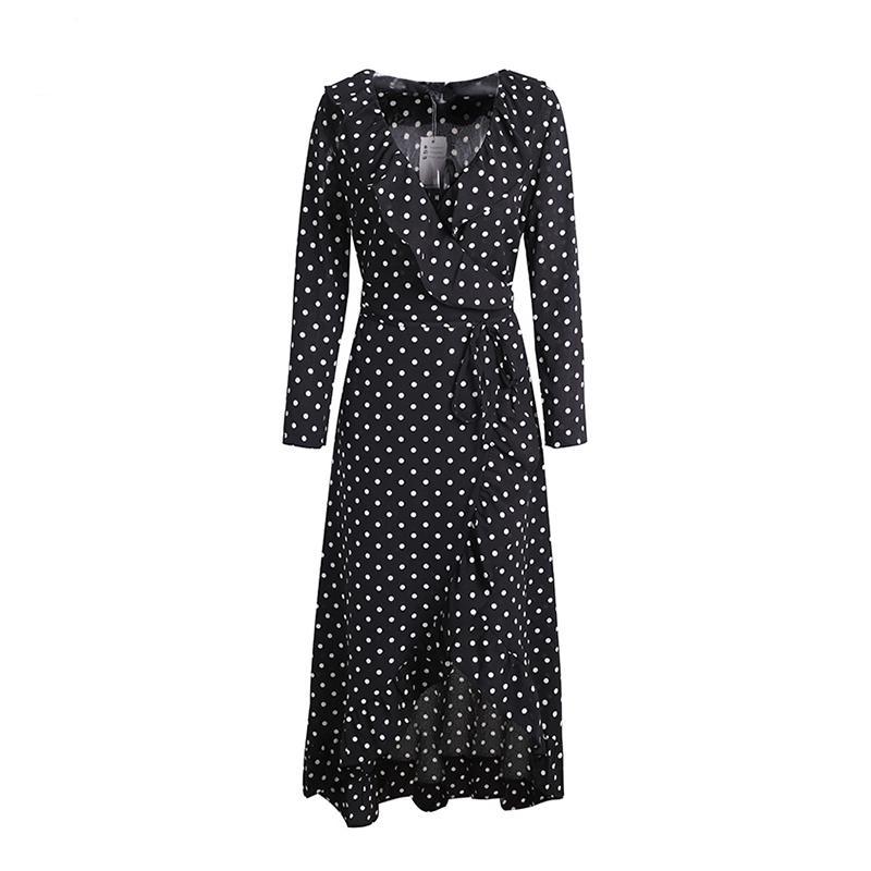 Polka Dot Long Sleeve Split Maxi Dress