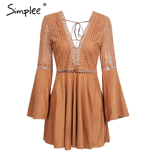 Sexy Deep V Neck Flare Sleeve Backless Mini Dress