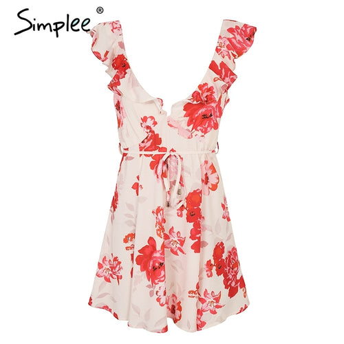 Sexy Floral Print Deep V Neck Backless Mini Dress