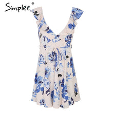Sexy Floral Print Deep V Neck Backless Mini Dress