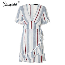 Simple V Neck Stripe Ruffle Mini Dress