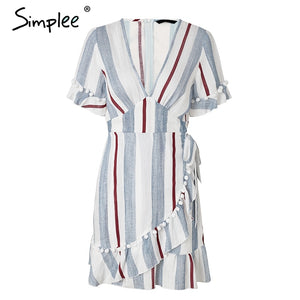 Simple V Neck Stripe Ruffle Mini Dress