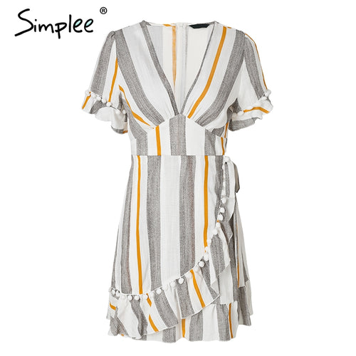 Simple V Neck Stripe Ruffle Mini Dress