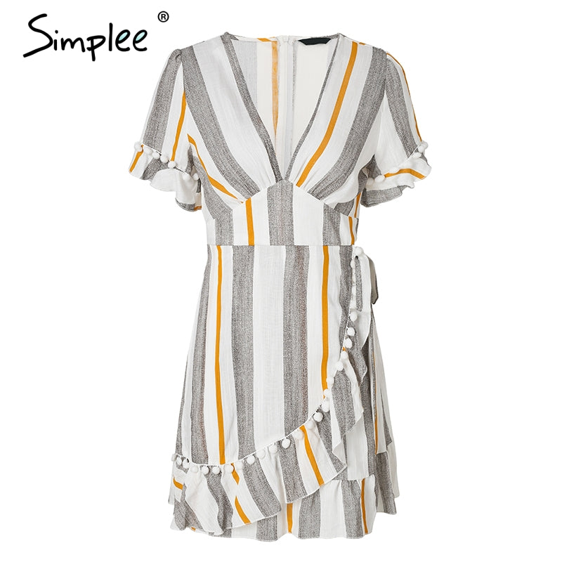 Simple V Neck Stripe Ruffle Mini Dress