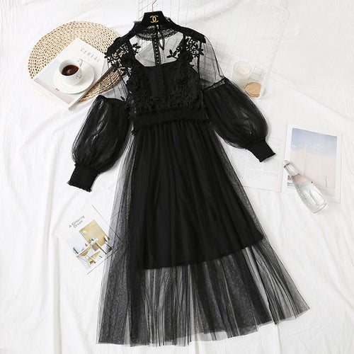 Stand Neck Long Sleeve Mesh Mid Calf Dress