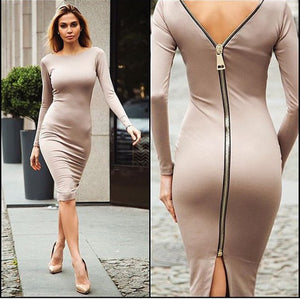 Long Sleeve Zipper Back Bodycon Midi Dress