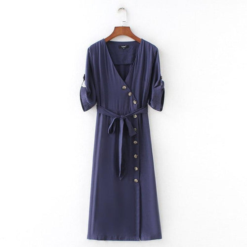 Deep V Neck Bow Tie Half Sleeve Midi Dress