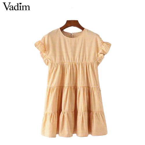Ruffles Sleeve O Neck Mini Plaid Pleated Dress