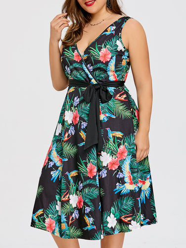 Floral Print Deep V Neck Sleeveless Midi Dress With Tie Belt