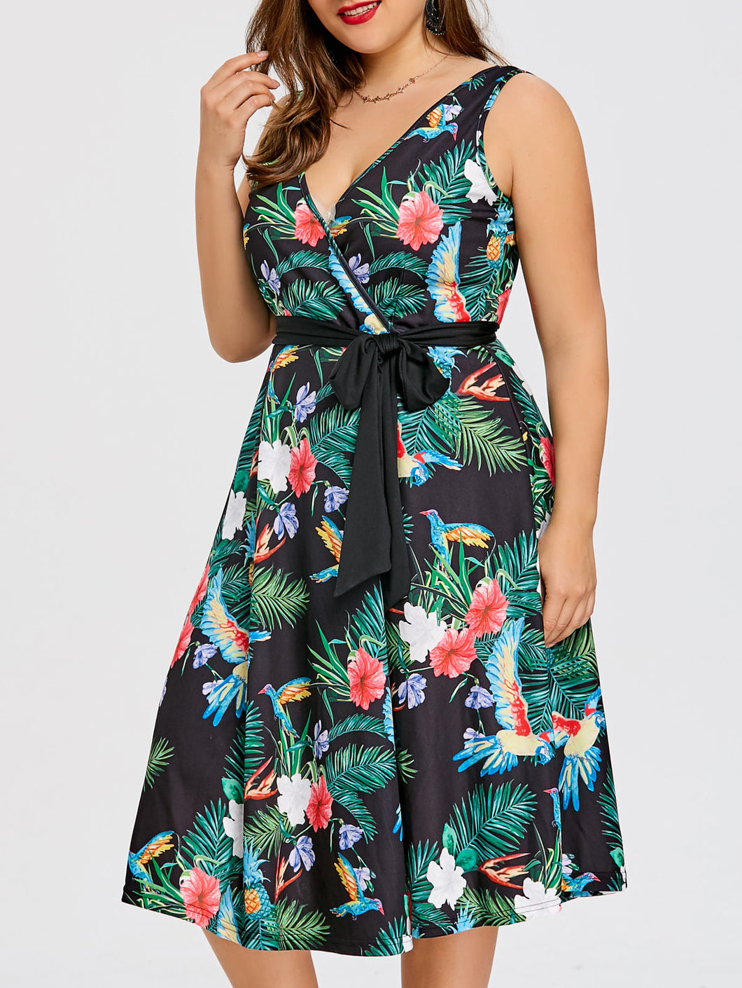 Floral Print Deep V Neck Sleeveless Midi Dress With Tie Belt
