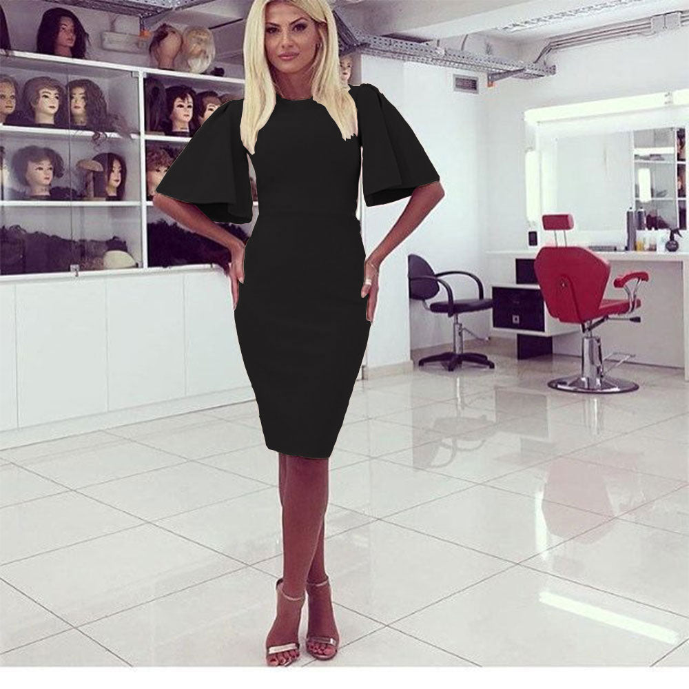 O Neck Half Flare Sleeve Midi Dress