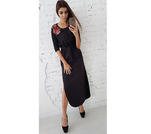 Floral Applique Shoulder Half Sleeve Long Dress With Belt