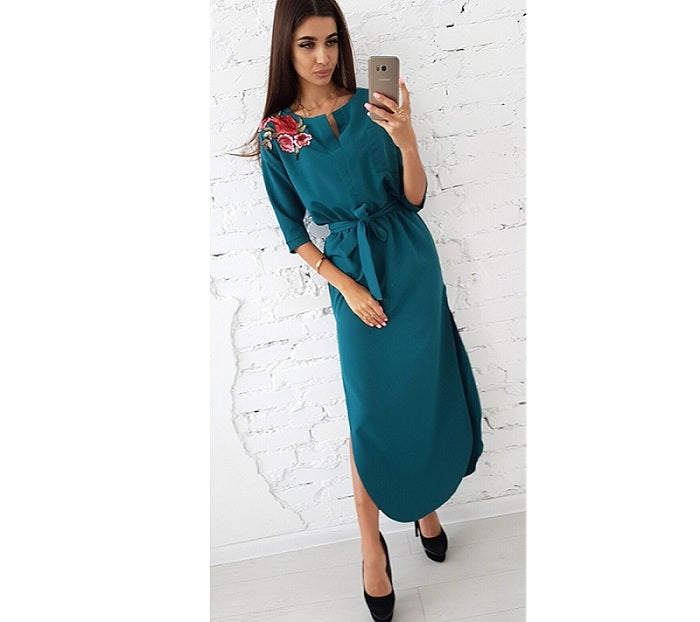 Floral Applique Shoulder Half Sleeve Long Dress With Belt