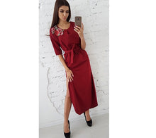 Floral Applique Shoulder Half Sleeve Long Dress With Belt