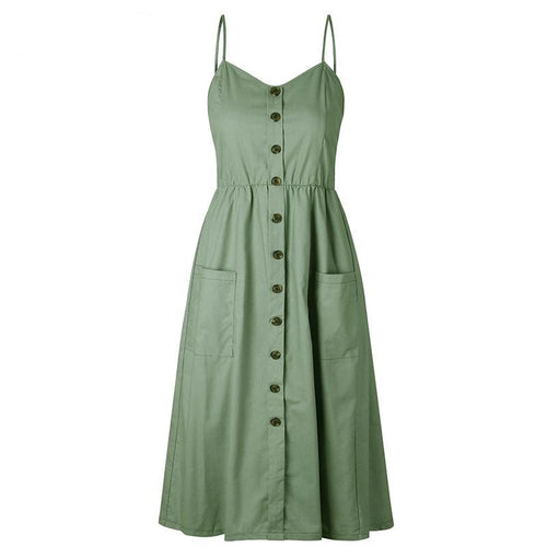 Backless Sleeveless Button Striped Midi Summer Dress