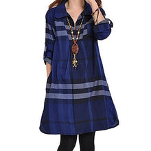Women summer casual a-line dress slim long sleeve blue plaid turn-down collar dress fashion patchwork girl mini plus size dress