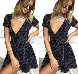 Polka Dot Chiffon Dress With Deep Ruffle Neck