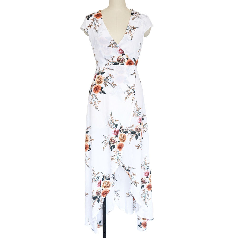 Deep Floral Print Deep V Neck Summer Chiffon Maxi Dress