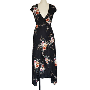 Deep Floral Print Deep V Neck Summer Chiffon Maxi Dress