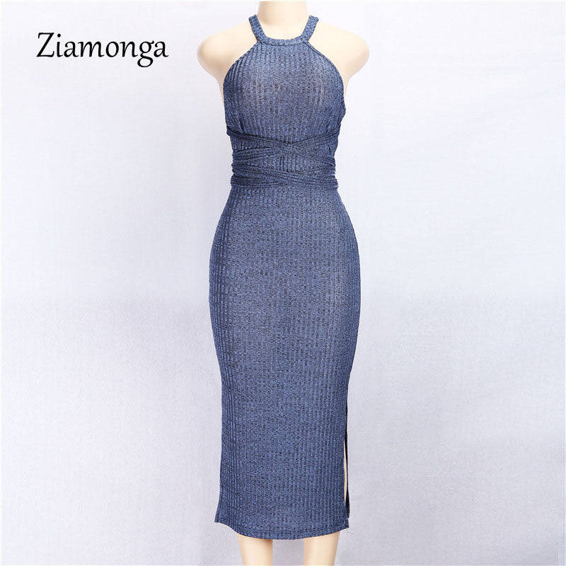 Off Shoulder Split Bodycon Knitted Dress