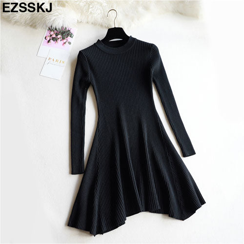 O Neck Long Sleeve Knit Mini Sweater Dress