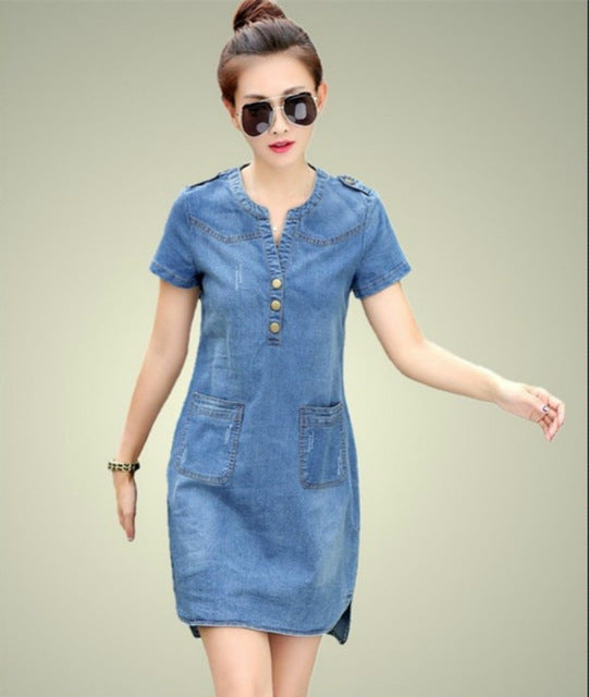 A word dresses v-neck solid denim dresses