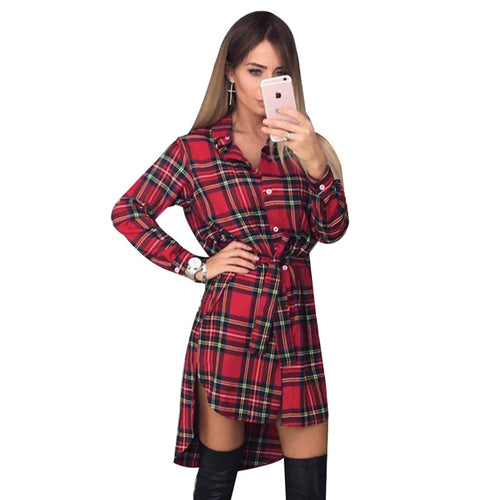Irregular Plaid Shirt Dresses Women Clothes