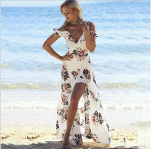 Floral print ruffles long dress  v neck