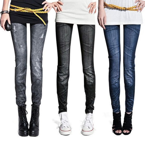 Fashion Women Skintight Abrasion Print Imitated Jeans