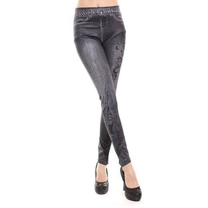 Fashion Women Skintight Abrasion Print Imitated Jeans