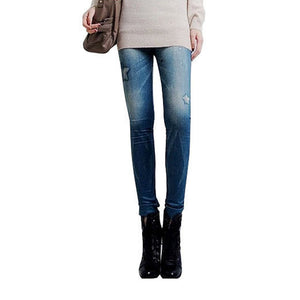 Fashion Women Skintight Abrasion Print Imitated Jeans