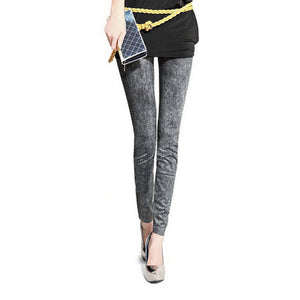 Fashion Women Skintight Abrasion Print Imitated Jeans