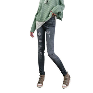 Fashion Women Skintight Abrasion Print Imitated Jeans