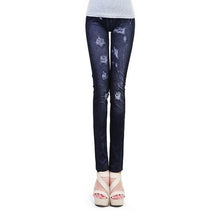 Fashion Women Skintight Abrasion Print Imitated Jeans