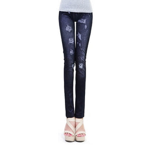 Fashion Women Skintight Abrasion Print Imitated Jeans